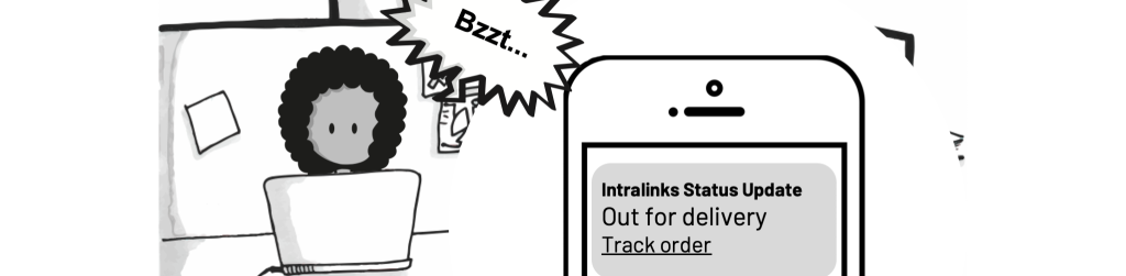 A single panel comic of an M&A professional receiving a notification on their phone that their archive is out for deliver.