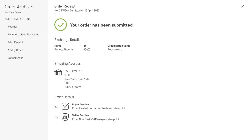 An reusable online receipt screen for order confirmation and history.