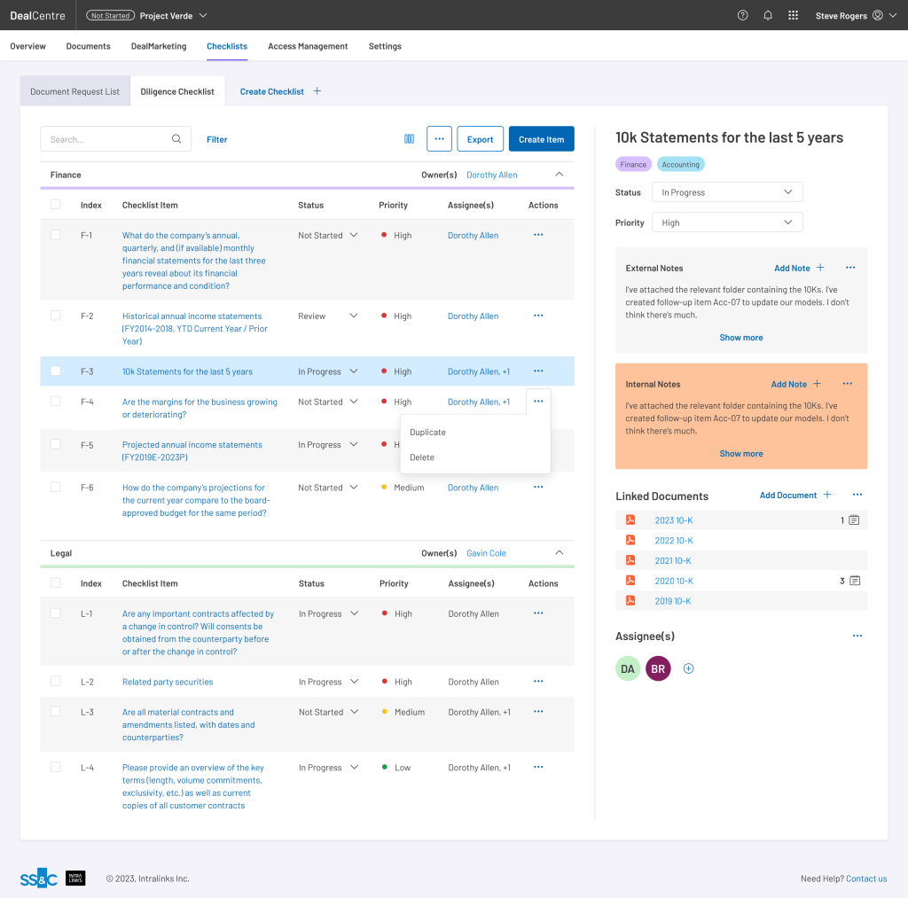 A task-management view that follows existing due diligence processes for both buyers and sellers. It's designed to mimic the strengths of excel, while diverging in the ways that it is weak.